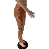 Women Casual Stretch Pu Leather Fringe Pants