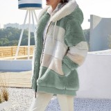 Women Autumn and Winter Warm Plush and Zipper Pocket Hooded Loose Jacket