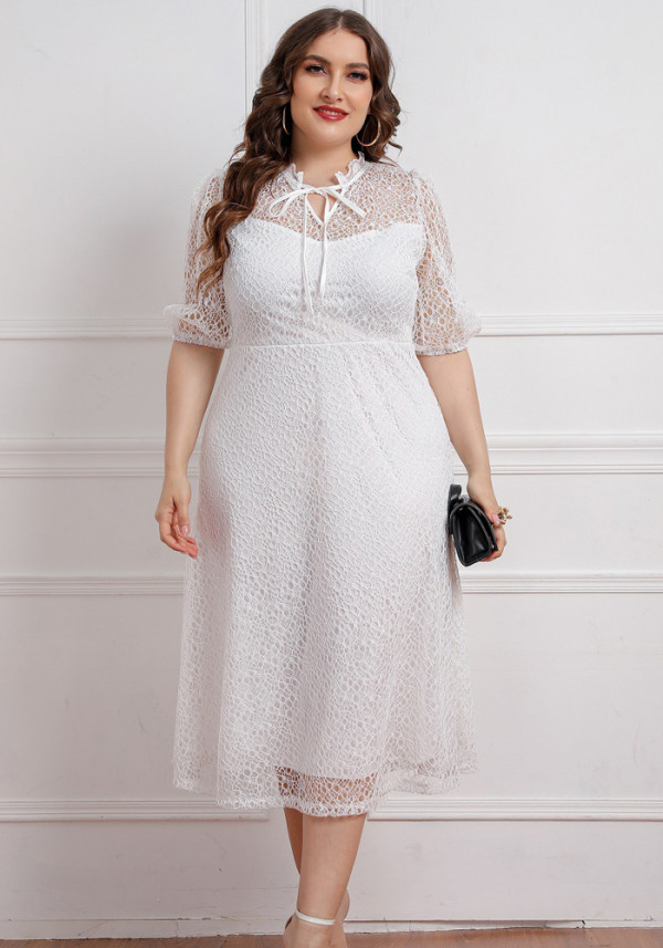 Plus Size Women Spring Summer lace Tie Gown Dress