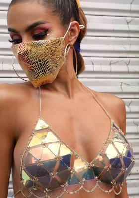 Women Gold Glitter Acrylic Wavy Tassel Chain Bra Top