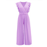 Women Sleeveless Ruffle V-Neck Wide Leg Jumpsuit