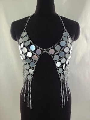 Women Round Sequin Acrylic Tassel Chain Bra Top