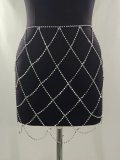 Women Beaded Cutout Mesh Skirt Chain