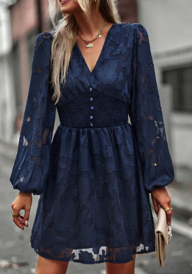 Women Casual V-Neck Long Sleeve Dress