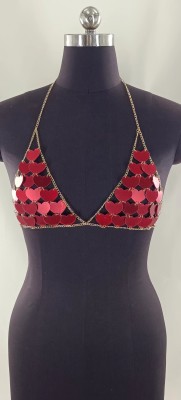 Women Burgunry Heart Sequin Acrylic Metal Chain Halter Neck Bra Top