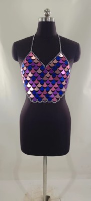 Women Colorful Sequined Acrylic Metal Chain Halter Neck Top