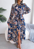 Women Vintage Floral Turndown Collar Tie Shirt Dress