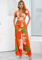Summer Women short-sleeved top and wide-leg trousers two-piece set
