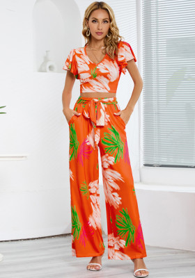 Summer Women short-sleeved top and wide-leg trousers two-piece set