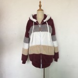 Women Autumn and Winter Warm Plush and Zipper Pocket Hooded Loose Jacket
