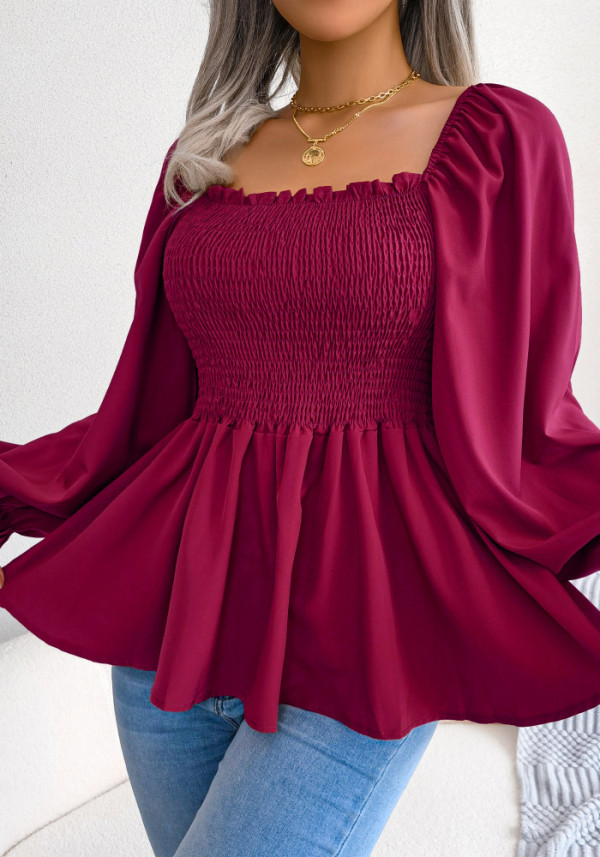 Women Casual Ruffle Edge Square Neck Long Sleeve chiffon Top