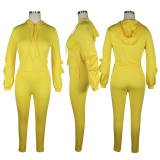 Autumn and Winter Women's Yellow Hooded Long Sleeve Pants Set Two Pieces