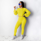 Autumn and Winter Women's Yellow Hooded Long Sleeve Pants Set Two Pieces