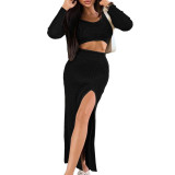 Women's Ribbed Short Top Fashion Split Half Skirt Slim Two Piece Set