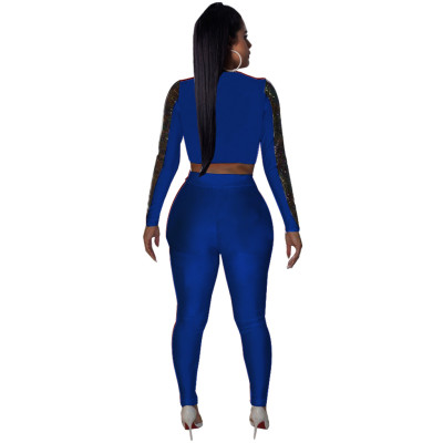 Women's double-sided colorful bead piece long sleeved trousers suit two piece nightclub suit