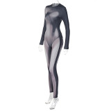 Women's Autumn and Winter Fashion Print Slim Fit Long Sleeve Bodysuit Tight Fitting Pants Set