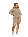Women's solid color Casual Round Neck drawstring Hoodies shorts two-piece set