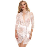 Plus Size Sexy Robe Lingerie Sexy Lace-Up Long Sleeve Nightgown Lace Patchwork Nightdress