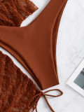 Long-Sleeved Mesh Romper Swimsuit Women'S High Waist Drawstring Sunscreen Blouse Three-Piece Bikini Set