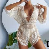 Long-Sleeved Mesh Romper Swimsuit Women'S High Waist Drawstring Sunscreen Blouse Three-Piece Bikini Set