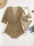 Long-Sleeved Mesh Romper Swimsuit Women'S High Waist Drawstring Sunscreen Blouse Three-Piece Bikini Set