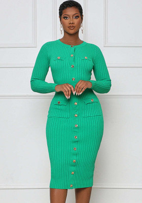 Women'S Fashion Knitting Dress Button Tight Fitting Long Sleeve Midi Dress