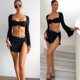 Women Lace-Up Long Sleeve Crop Top And Slit Skirt Two-Piece Set