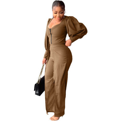 Women Zipper Puff Sleeve Top And Slit Pant Two-Piece Set