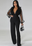 Women Mesh Balloon Sleeve V-Neck Backless Jumpsuit