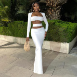 Women Solid Off Shoulder Long Sleeve Sexy Crop Top and Long Skirt Two-Piece Set