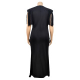 Plus Size Women V-Neck Solid Sleeveless Fringe Dress