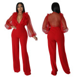 Women Mesh Balloon Sleeve V-Neck Backless Jumpsuit