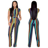 Women Printed Stripe Short-Sleeve Top And Wide-Leg Pants Two-Piece Set