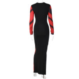 Women Color Block Print Long Sleeve Bodycon Maxi Dress