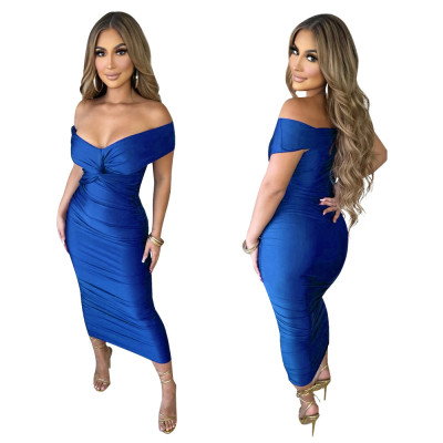 Women sexy Solid v-neck pleated dress