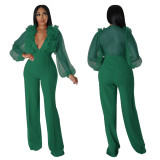 Women Mesh Balloon Sleeve V-Neck Backless Jumpsuit