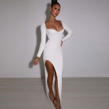 Women Solid V-neck Long Sleeve Slit Dress