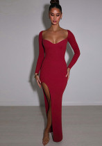 Women Solid V-neck Long Sleeve Slit Dress