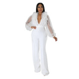 Women Mesh Balloon Sleeve V-Neck Backless Jumpsuit