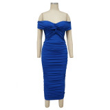 Women sexy Solid v-neck pleated dress