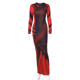 Women Color Block Print Long Sleeve Bodycon Maxi Dress