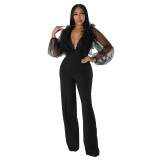 Women Mesh Balloon Sleeve V-Neck Backless Jumpsuit