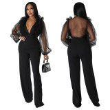 Women Mesh Balloon Sleeve V-Neck Backless Jumpsuit