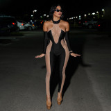 Women Sexy Mesh See-Through Halter Neck Sleeve Jumpsuit