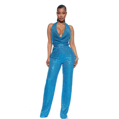 Women Sleeveless Halter Neck Sequined Lace-Up Jumpsuit with Belt
