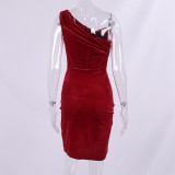 Autumn Winter Slash Shoulder Dress Christmas velvet sequin fishbone pleated split Bodycon Dress