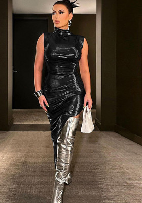 Women's winter fashion solid color imitation leather slim pleated sleeveless dress