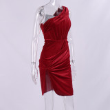 Autumn Winter Slash Shoulder Dress Christmas velvet sequin fishbone pleated split Bodycon Dress