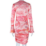 Wind Autumn Winter Fashion Print Long Sleeve Bell Bottom Sleeve Bodycon Dress