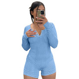 Women's Spring Ribbed Round Neck Buckle Sports Casual Cargo Rompers
